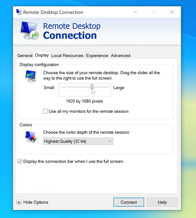 Remote Desktop Connection Display Settings