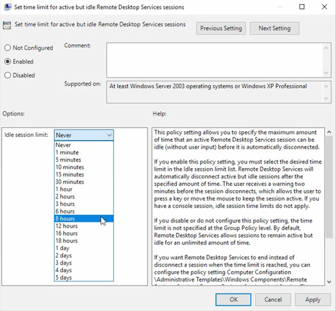 Set session limits for RDP