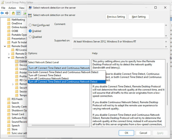 Turn off Connect Time Detect and Continuous Network Detect to solve RDP Freezing Windows 11 23H2