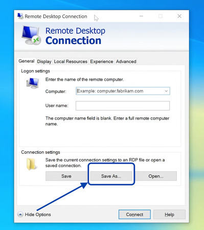 save a .rdp file for remote connection