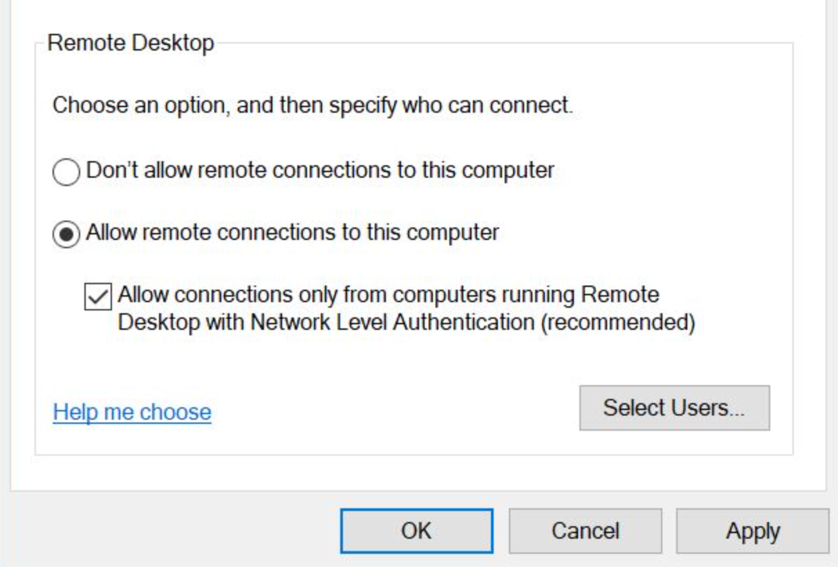 Remote Desktop Allow remote connections to this computer