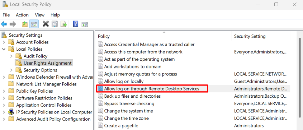 Clicking Allow log on through Remote Desktop Services in Local Security Policy Clicking Allow log on through Remote Desktop Services in Local Security Policy