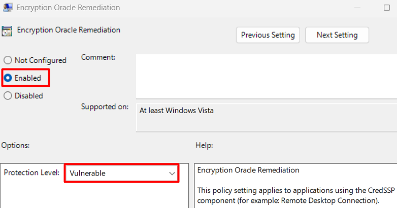 Setting Encryption Oracle Remediation to Enabled and Protection Level to Vulnerable Setting Encryption Oracle Remediation to Enabled and Protection Level to Vulnerable