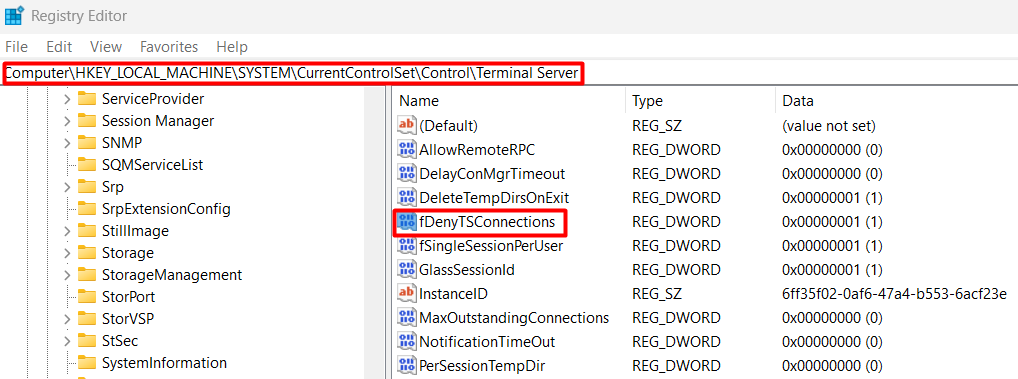 レジストリ エディターで fDenyTSConnections を検索しています