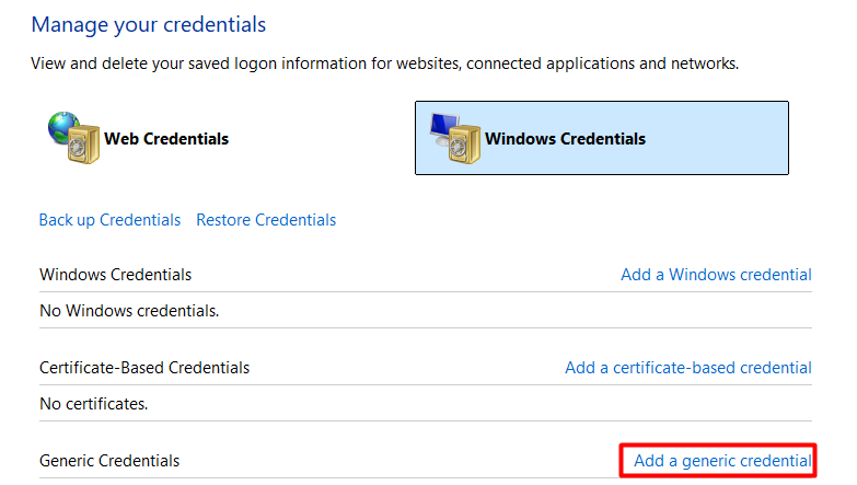 Adding a generic credential in Credential Manager