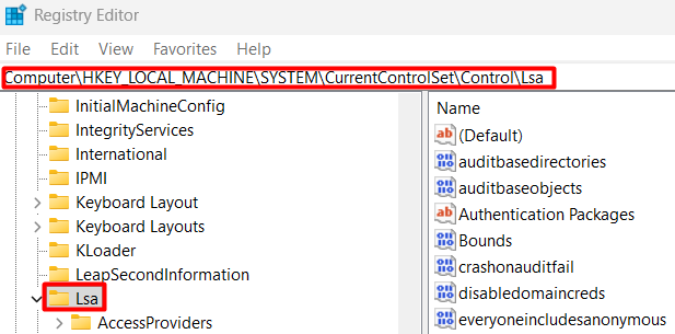 Navigating to Lsa in Registry Editor Navigating to Lsa in Registry Editor
