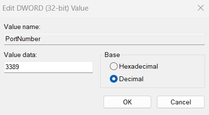 レジストリ エディターで PortNumber の値を変更する