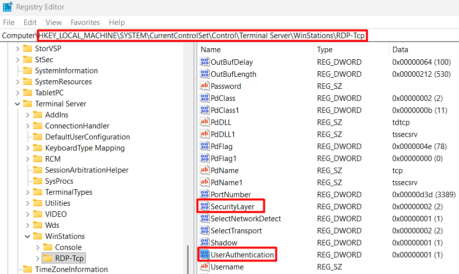 Changing the SecurityLayer and UserAuthentication values in Registry Editor Changing the SecurityLayer and UserAuthentication values in Registry Editor