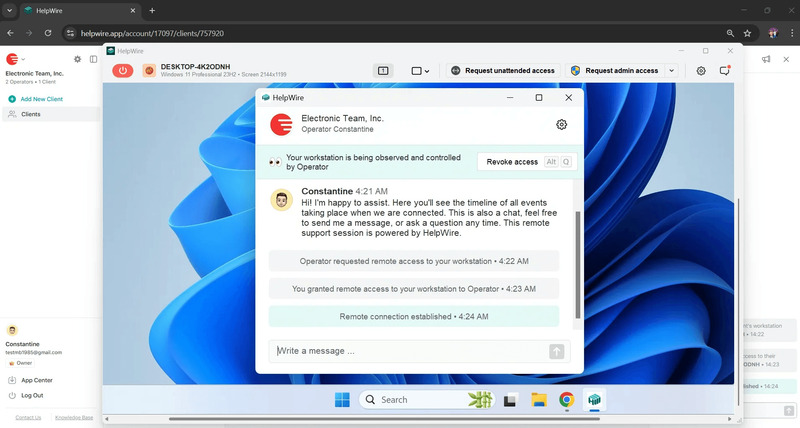 Connecting to the client’s remote workstation with the HelpWire Operator application
