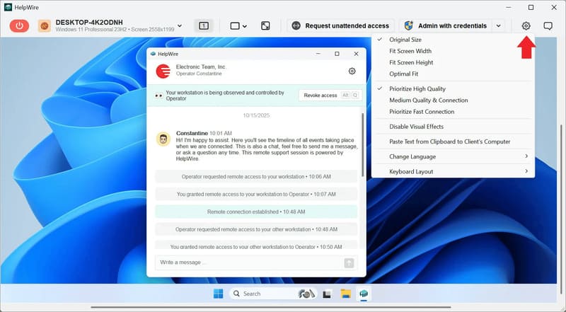Remote connection options in the HelpWire Operator app